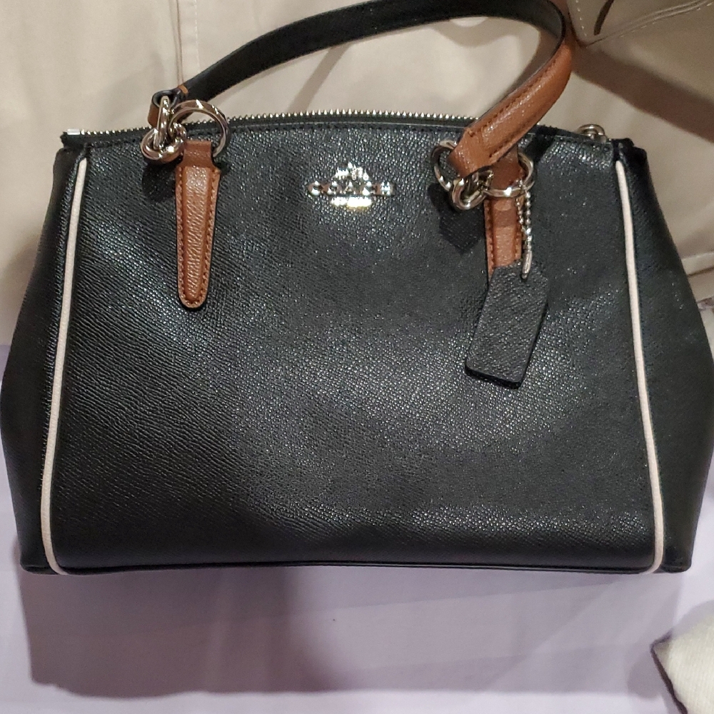 Coach Black Leather Satchel with Brown Handles and White Piping